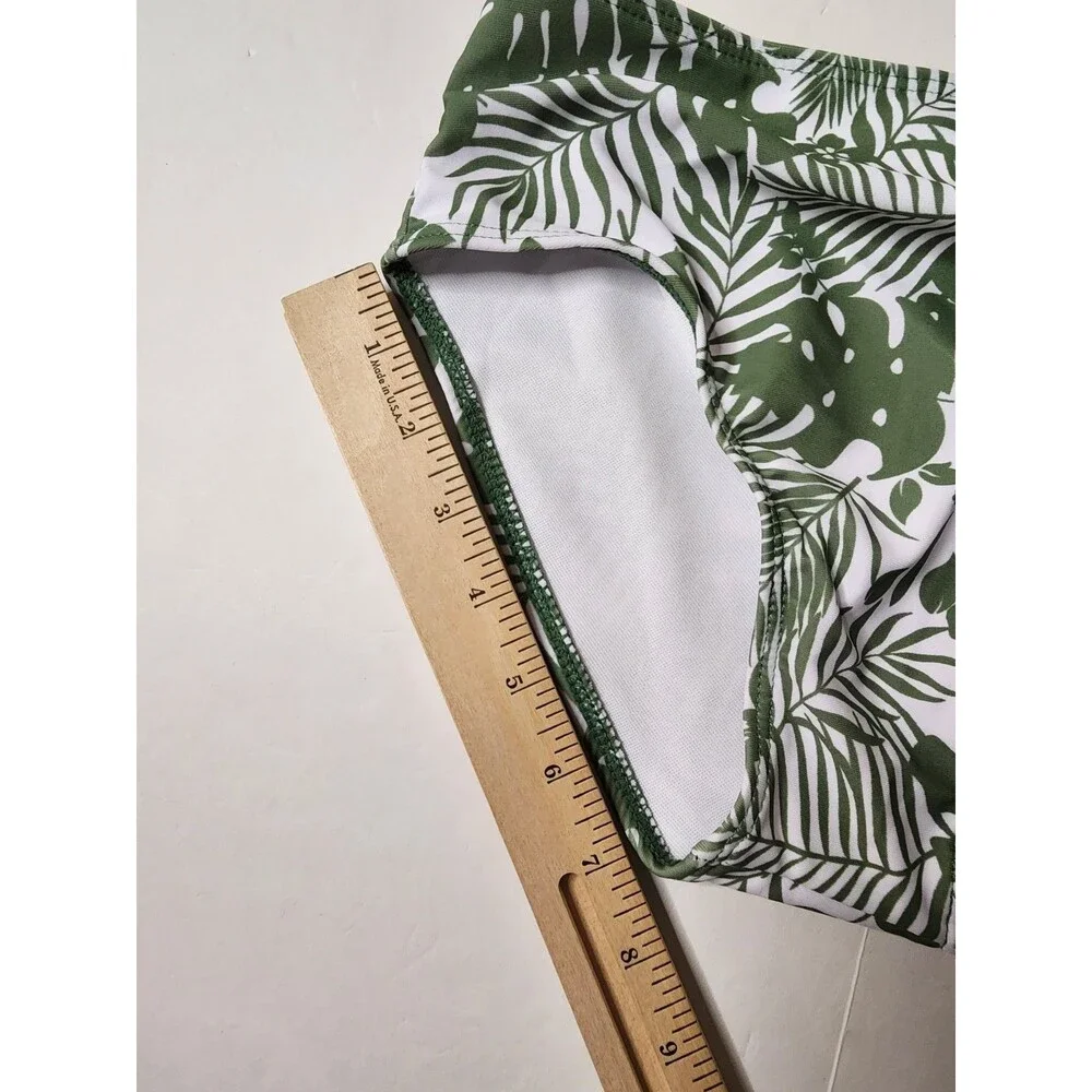 Bikini Set 3-piece Girls 12Y Green White Floral Swimsuit Cover-up Pom Tassels